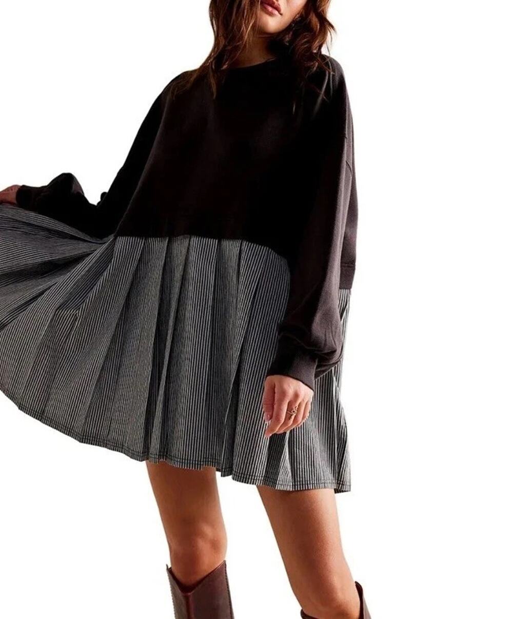 Free People Eleanor Sweatshirt Tunic Dress Black Oversized Cotton Striped XL NEW - Picture 1 of 3